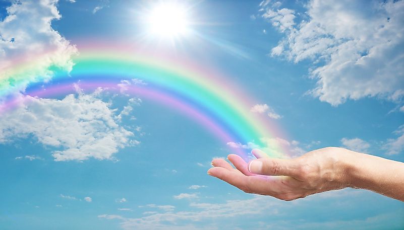 A rainbow in a palm of a hand. A rainbow in a palm of a hand.