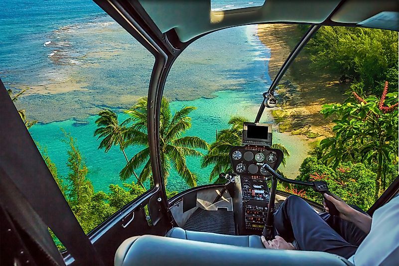 A helicopter flying over Kauai. A helicopter flying over Kauai.