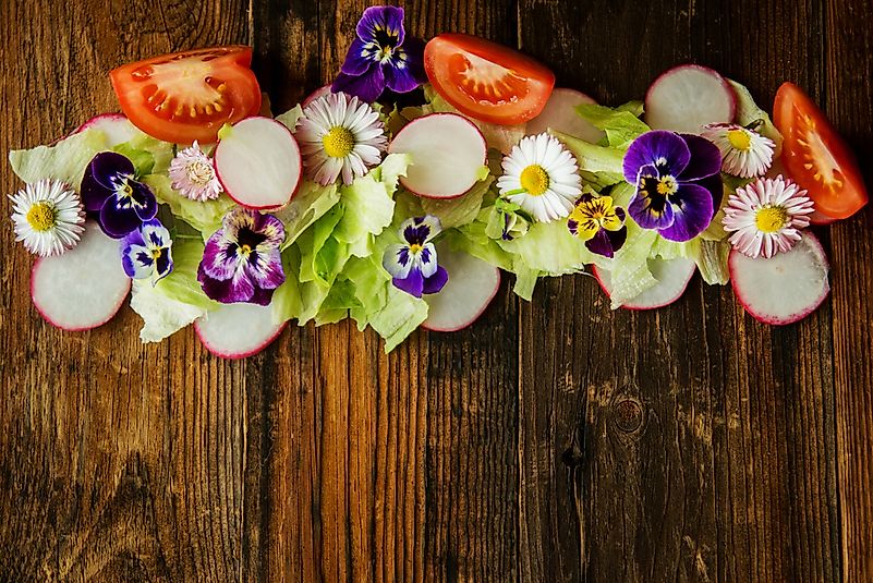 Salad leaves with herbs and flowers