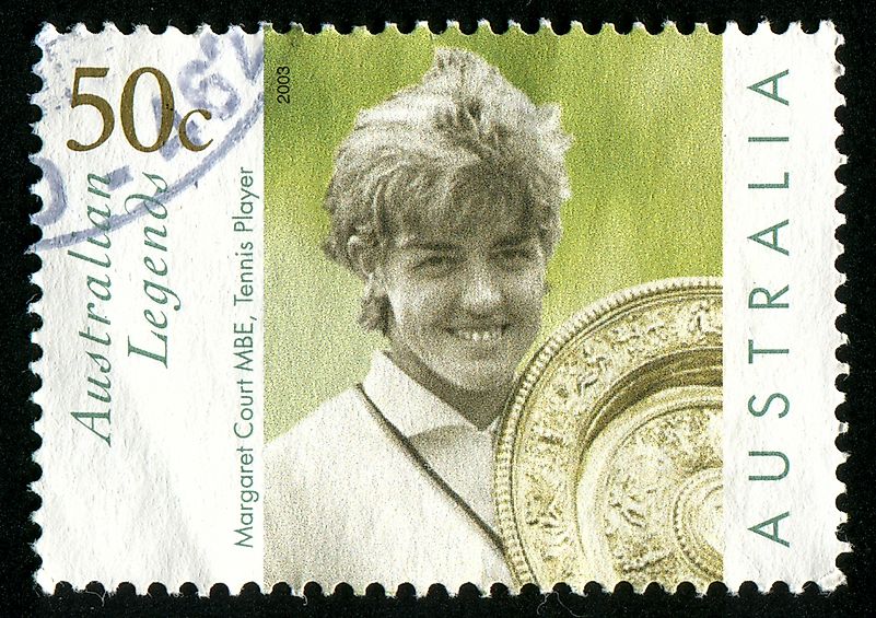 Stamp printed by Australia, shows Margaret Court with Wimbledon trophy, circa 2003. Credit: rook76 / Shutterstock.com Stamp printed by Australia, shows Margaret Court with Wimbledon trophy, circa 2003. Credit: rook76 / Shutterstock.com