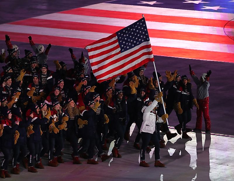 American Olympic team marched into the PyeongChang 2018 Olympics. Credit: Leonard Zhukovsky / Shutterstock.com American Olympic team marched into the PyeongChang 2018 Olympics. Credit: Leonard Zhukovsky / Shutterstock.com