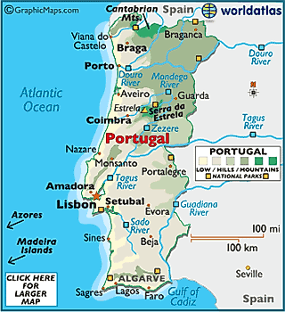 Map of Portugal bodies of water