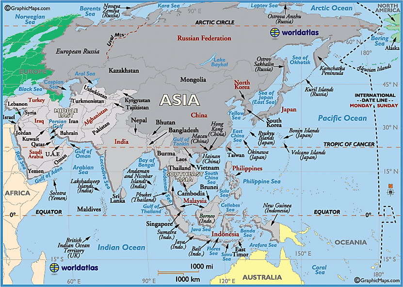 Asia Map - Map Of Asia, Asia Maps Of Landforms Roads Cities Counties States Outline - World Atlas