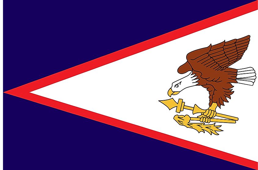 The Flag of American Samoa features a blue background with a white isosceles triangle edged in red containing a bald eagle
