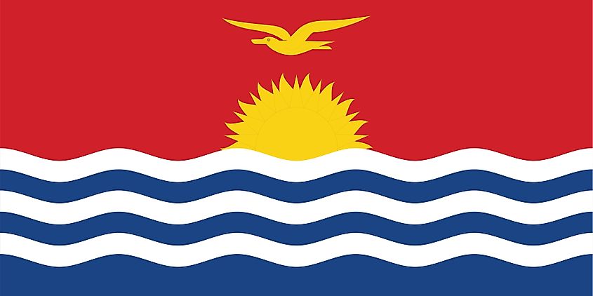 Flag of Kiribati The National Flag of Kiribati is a horizontal bicolor comprising of six wavy horizontal stripes of white and blue beneath a red background featuring a yellow bird and a rising sun.