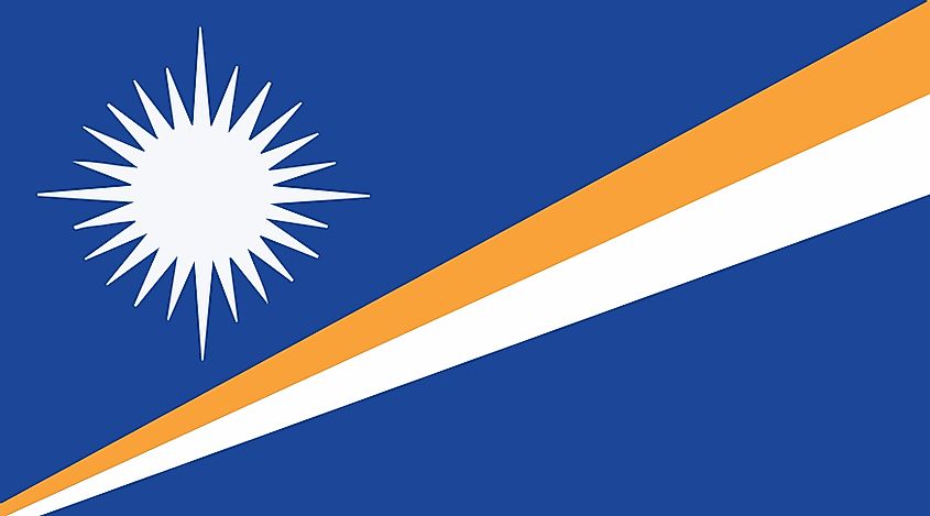 The National Flag of the Marshall Islands features a deep blue background with two stripes - orange (top) and white, with a white star placed above the two stripes