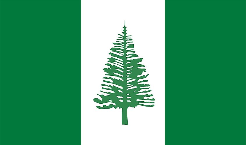 The Official Flag of Norfolk Islands features three vertical bands of green (hoist side), white, and green, with a large green Norfolk pine tree centered on the white band.