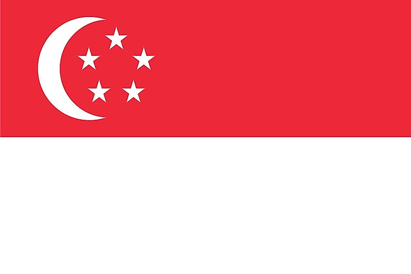 The National Flag of Singapore features two equal horizontal bands of red (top) and white, where on the hoist side of the red stripe is a vertical, white-colored crescent moon that faces the flag’s fly side.