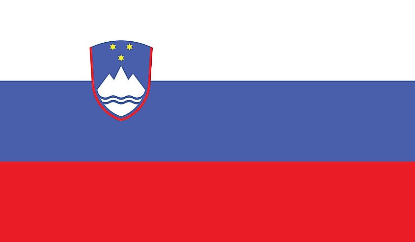 Flag of Slovenia The National Flag of Slovenia is a tricolor and features three equal horizontal bands of the Pan-Slavic colors: white (top), blue, and red, the Coat of Arms of Slovenia appears in the upper hoist-side of the flag.