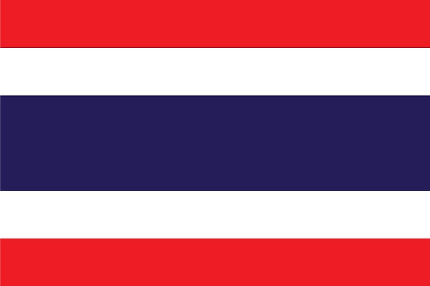 The National Flag of Thailand features five horizontal bands of red (top), white, blue (double width), white, and red.