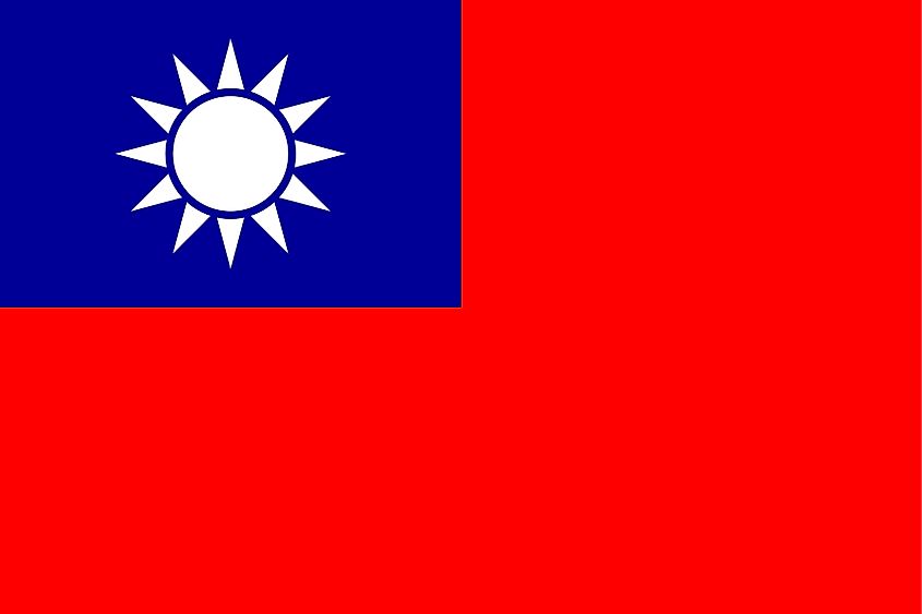 The National Flag of Taiwan features a red background with a dark blue rectangle in the upper hoist-side corner bearing a white sun with 12 triangular rays.