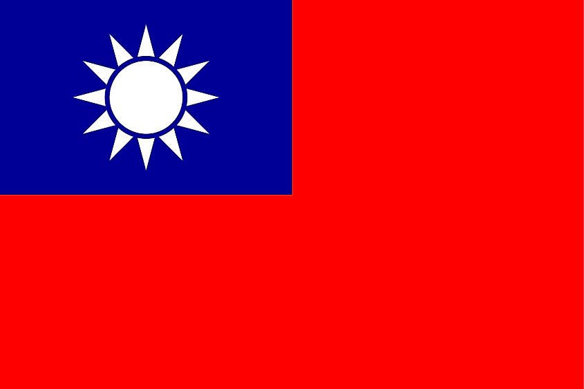 The National Flag of Taiwan features a red background with a dark blue rectangle in the upper hoist-side corner bearing a white sun with 12 triangular rays.