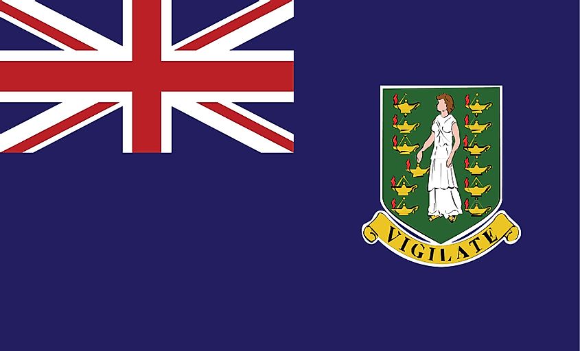 The Flag of British Virgin Islands features a blue background with the flag of the United Kingdom (Union Jack) in the upper hoist-side quadrant and the coat of arms of the British Virgin Islands centered in the outer half of the flag. 