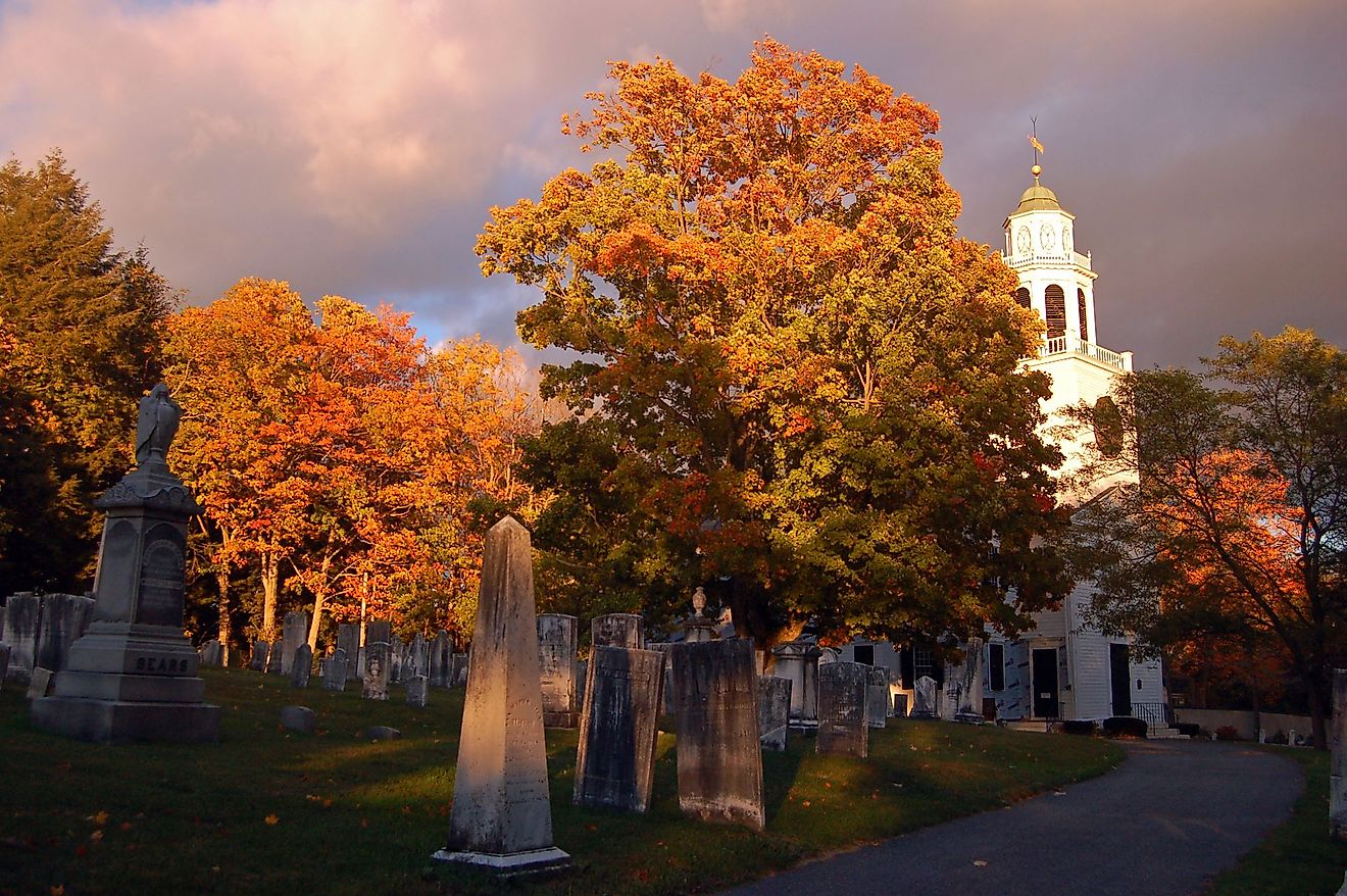 Small church and cemetery in Lenox, Massachusetts with fall foliage