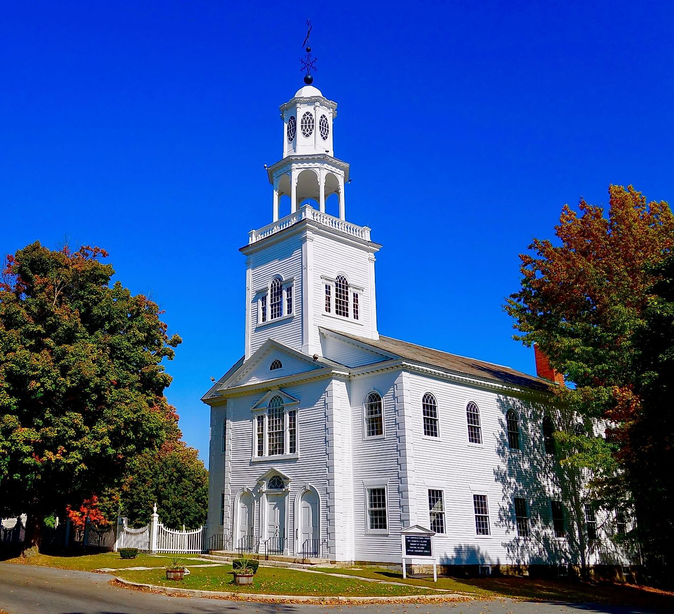 Old First Church in Bennington, Vermont with autumn foliage