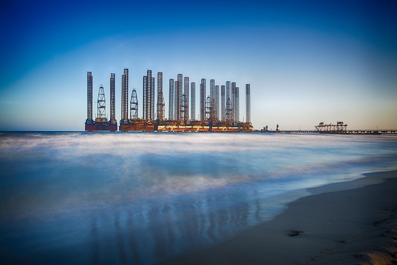 Oil platforms in the Caspian Sea near Baku, Azerbaijan