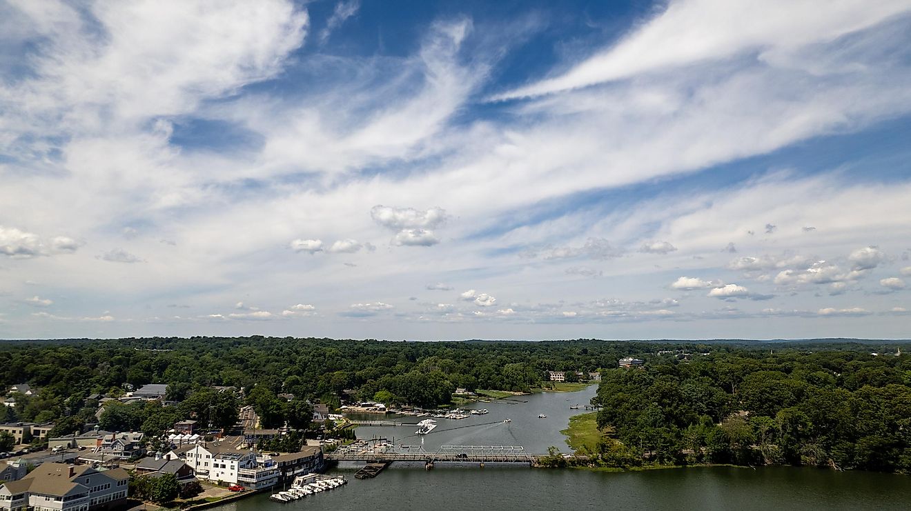 Aerial view of Westport, Connecticut showing the Saugatuck River