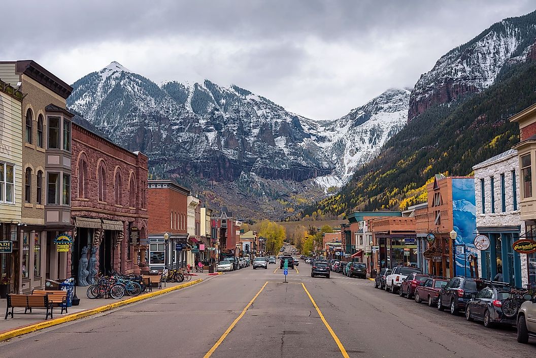 Colorado Avenue facing the San Juan Mountains in Telluride, Colorado. Editorial credit: Nick Fox / Shutterstock.com