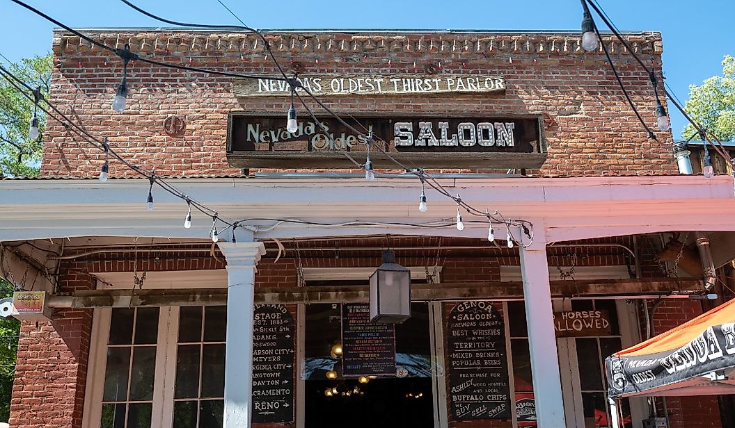 Nevada’s oldest bar, front view, historic brickwork building. Image credit AlessandraRC via Shutterstock