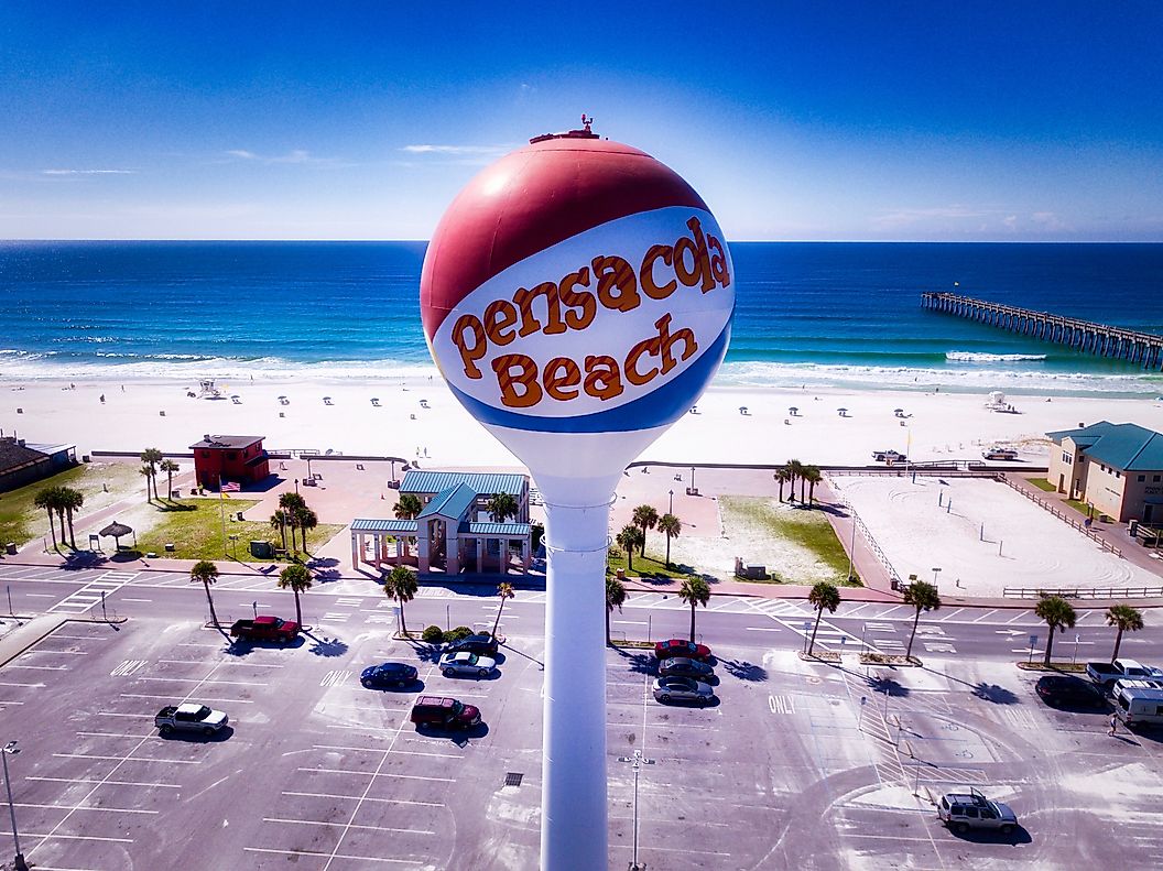 The iconic Pensacola Beach Ball located mere steps from the sugar-white sands of Pensacola Beach. Editorial credit: Rotorhead 30A Productions / Shutterstock.com