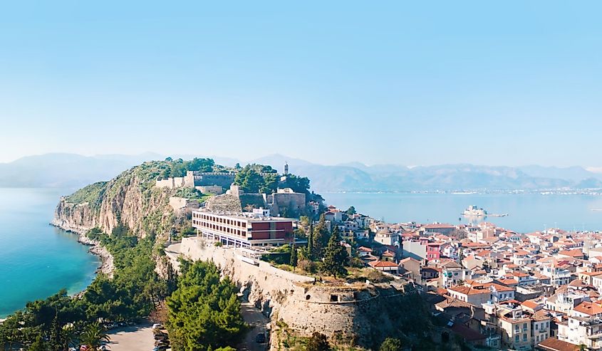 View from the Palmidi Fortress down to the old area of the city of Nafplion/Nauplia and the Argolic Gulf with the fortress island Bourtzi.