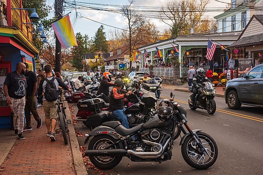 New Hope, Pennsylvania, USA: A popular travel destination where many drive exotic motorcycles and cars down Main Street.