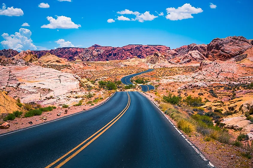 Red Aztec sandstone formations under a blue sky at Valley of Fire State Park, Nevada.