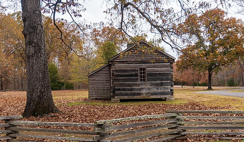 Log cabin marks the site of Grinder’s Stand where Meriwether Lewis died while traveling on the Natchez Trace.