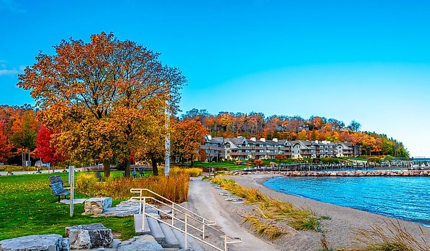 View of Sister Bay coastline with homes on the shore