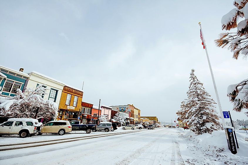 Snow covered street in downtown Truckee, California.
