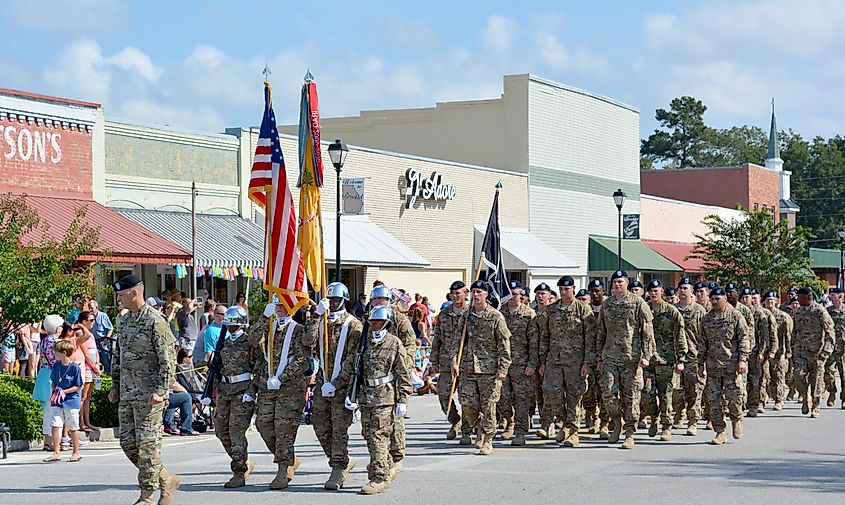 Soldiers marching during the Brooklet Peanut Festival in Brooklet, Georgia.