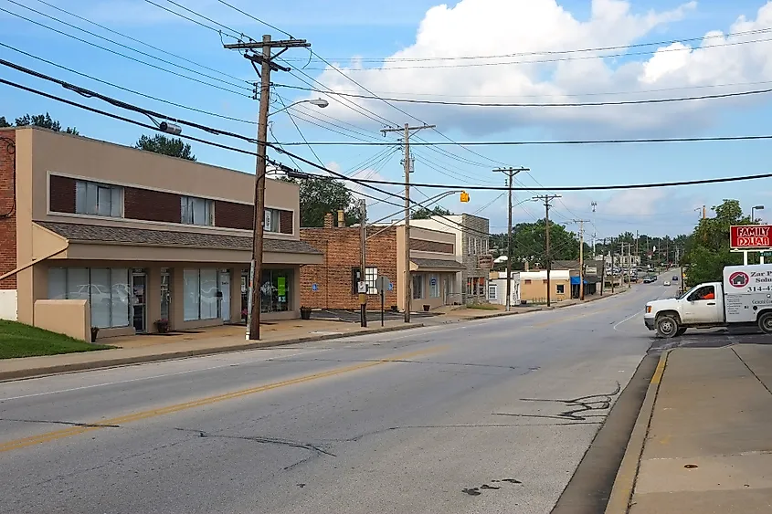 Downtown street in Overland, Missouri.