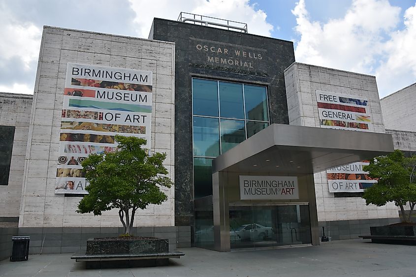 Exterior of the Birmingham Museum of Art building with large banners on the facade.