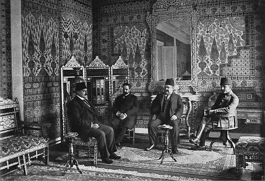 Talaat with CUP leaders Halil Bey and Enver Pasha and Alfred Nossig, 1915