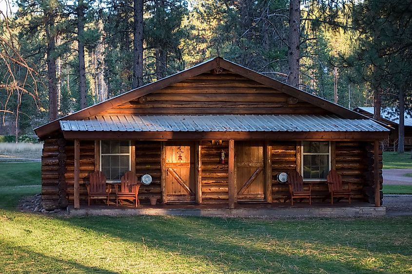 Evening sunshine on a wooden chalet at Seeley Lake, Missoula County, in Montana