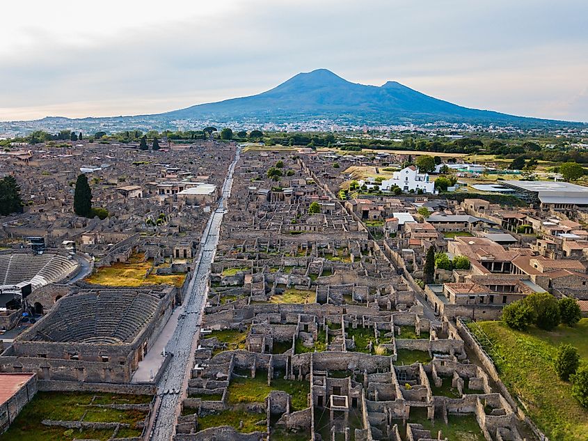 The ruins of the ancient city of Pompeii at the foot of Mount Vesuvius.
