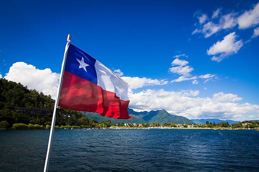 The national flag of Chile flying in the Villarrica lake, Chile in the summer.