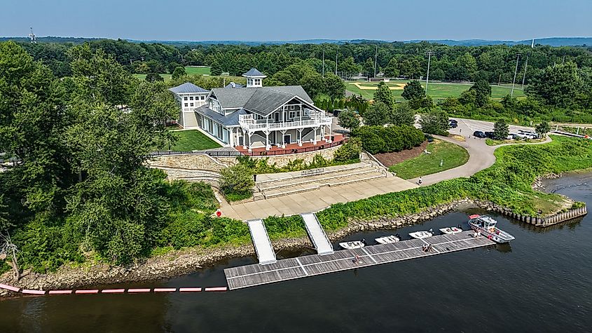 Aerial view of the Connecticut River with the Glastonbury boathouse along the riverbank