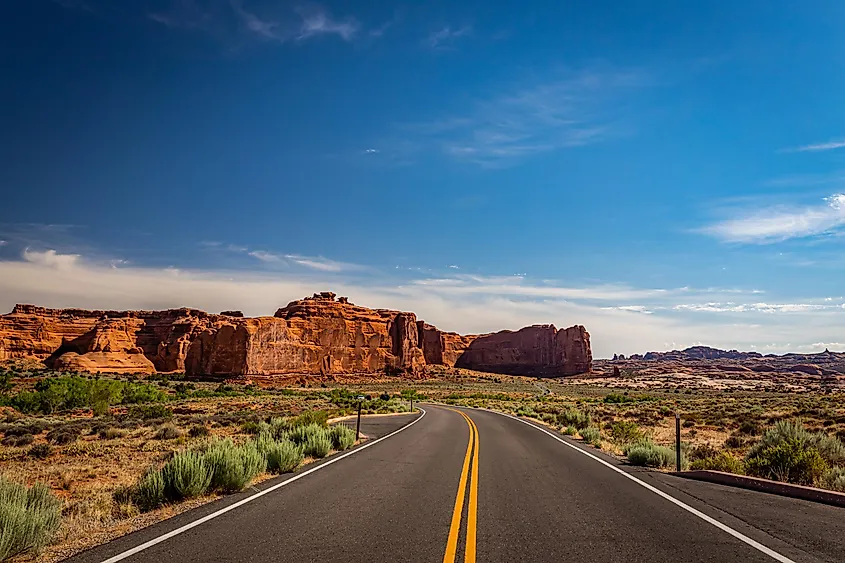 Canyons and eroded sandstone and limestone formations dominate the landscape at Arches National Park nesr Moab, Utah