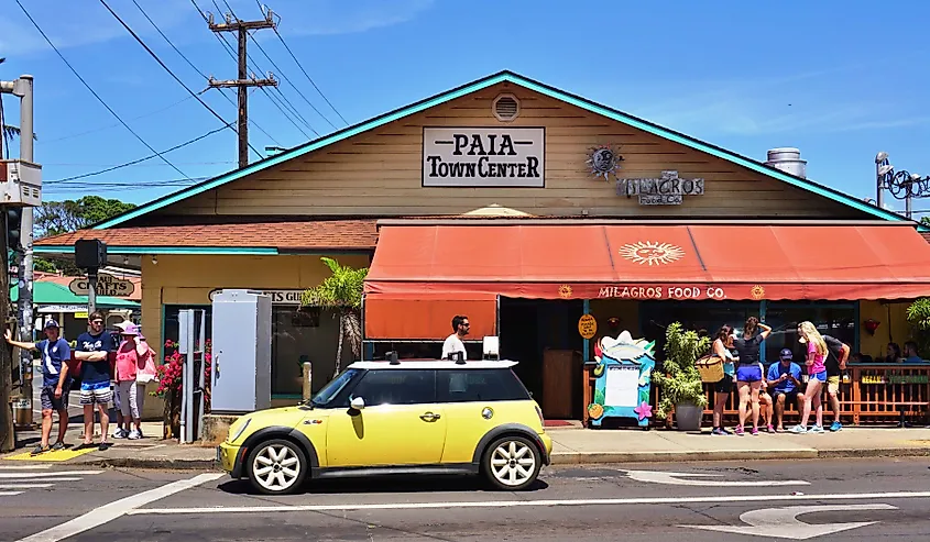 The busy town center of Paia, Hawaii. 