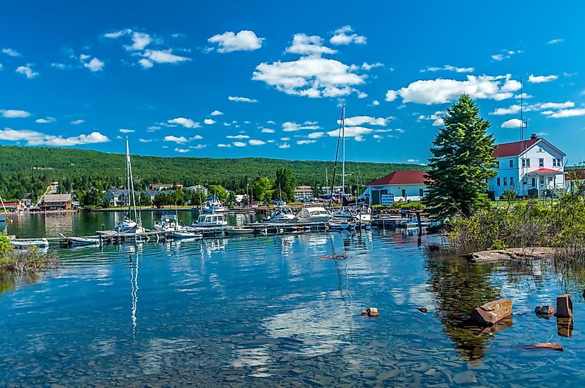 Looking out over the harbor with boats in the beautiful town of Grand Marais, Minnesota.