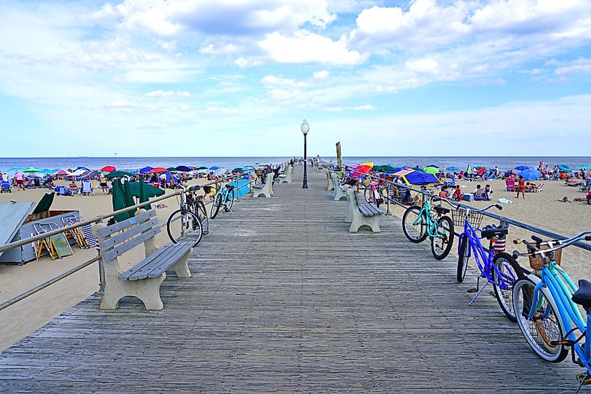 View of the boardwalk by the beach in Ocean Grove, New Jersey