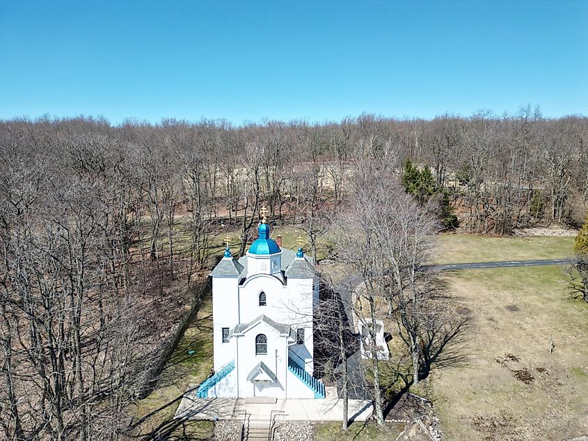 Ariel photo of a historic church in Centralia, Pennsylvania