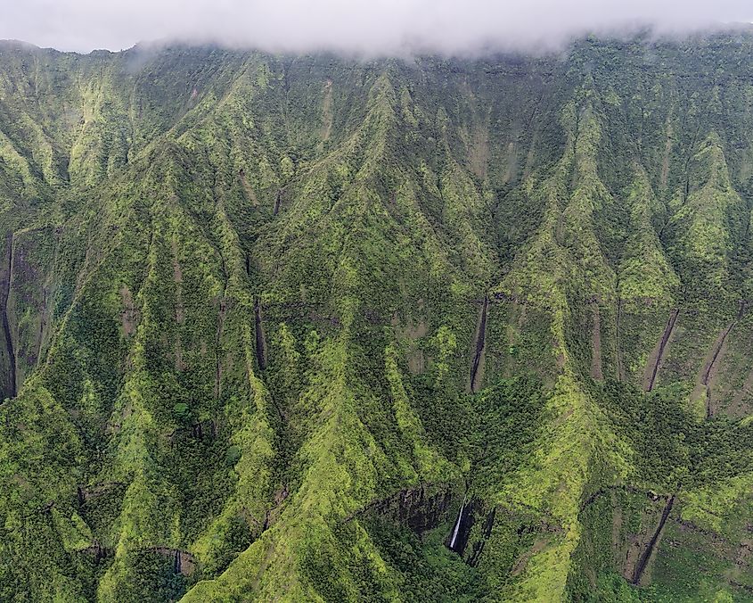 Aerial view from a tourist plane of an amazing Mount Waialeale, Island of Kauai, Hawaii.