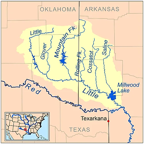 Map of the Little River watershed. Tributary of the Red River of the South (a tributary of the Mississippi River).