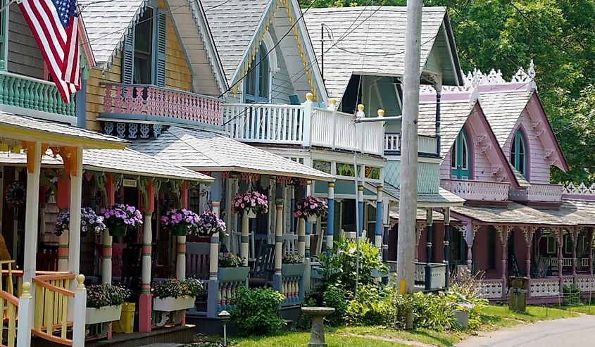 Beautiful colorful gingerbread houses, cottages in Oak Bluffs center, Martha's Vineyard island