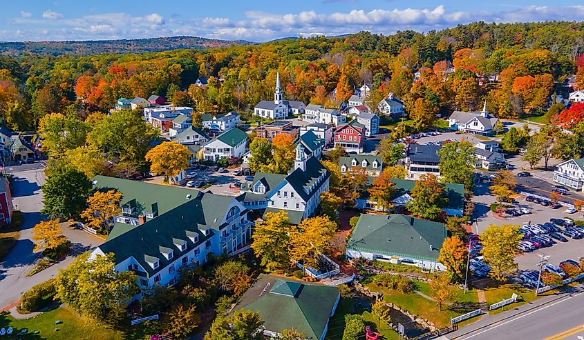Aerial view of downtown Meredith, New Hampshire in autumn.