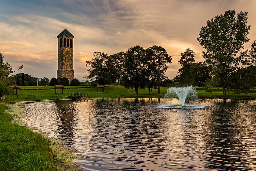 Carillon Park in Luray, Virginia: The singing tower and a pond.