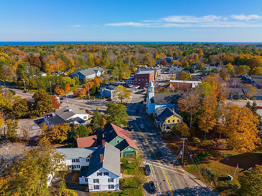 York village historic center aerial view in fall including Old Methodist Church in town of York, Maine ME, USA.