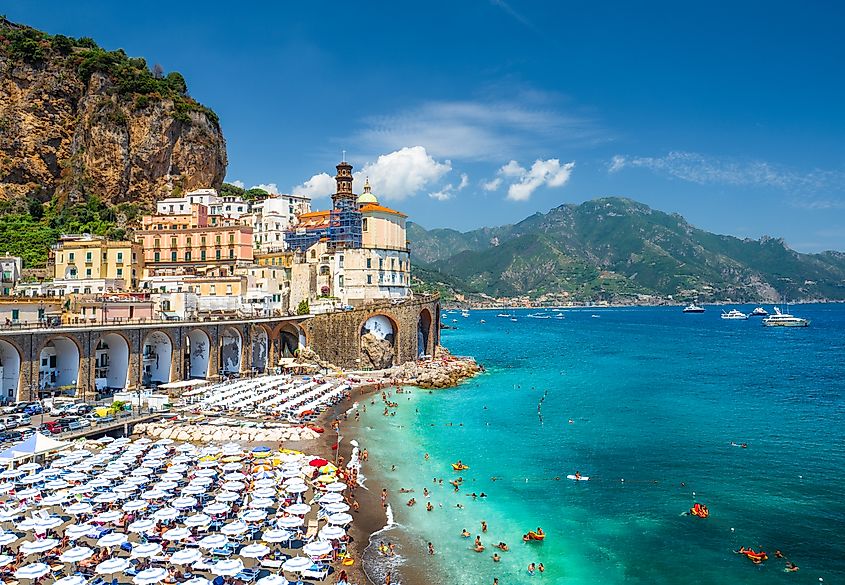 Aerial view of the coastline of Atrani, Italy.